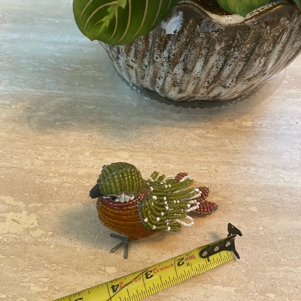 Handcrafted Beaded Bird Figurine - Green, Orange, Brown very realistic